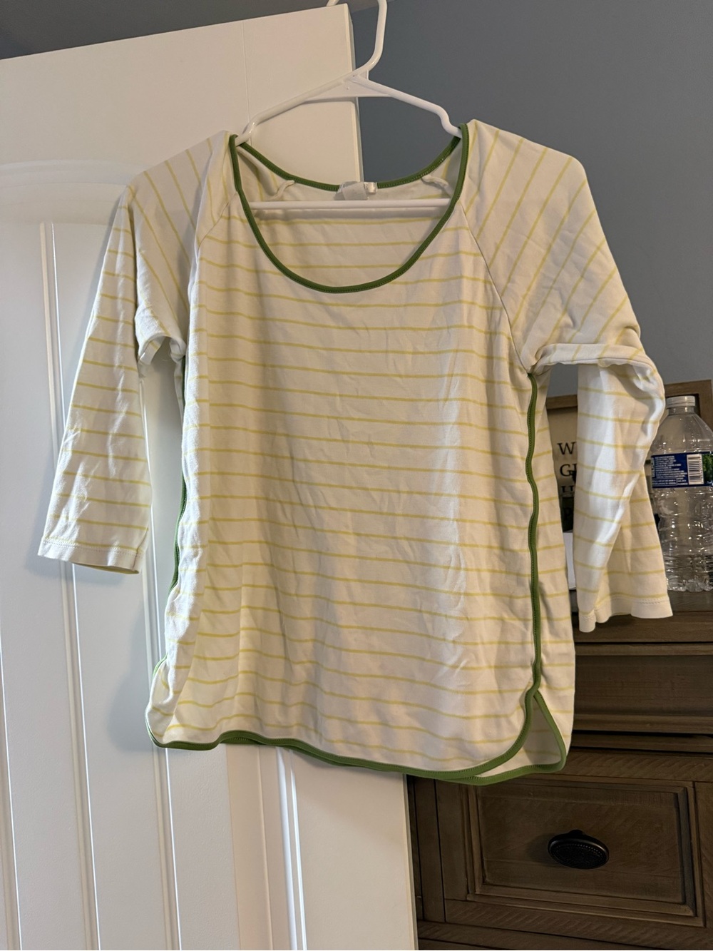 Striped White and Light Yellow Scoop-Neck Pajama Top with Green Trim